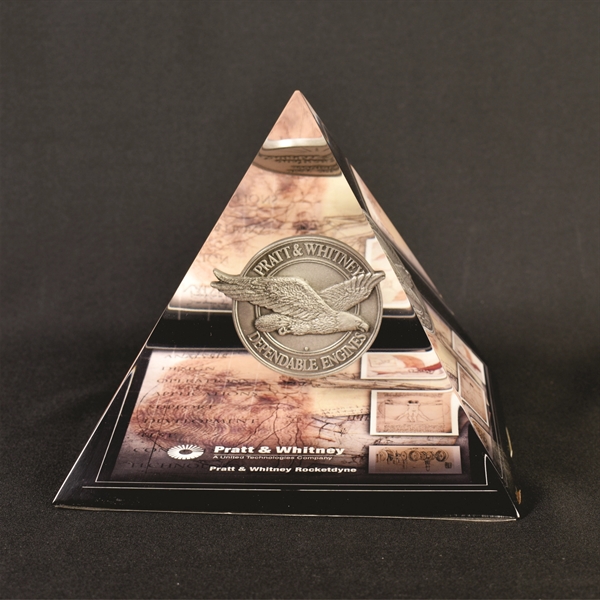 5" x 5" pyramid shaped acrylic award for embedding customer supplier... from ASI 45430 Clear Image Inc / Clear Image