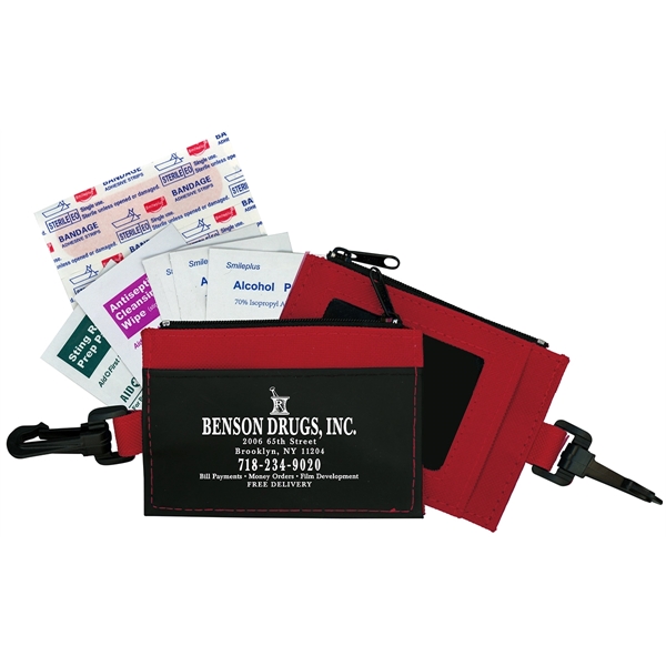 Clip-on ID holder with zip purse containing bandages, alcohol pads, antiseptic... from ASI 83770 Royal Industries / Waldor