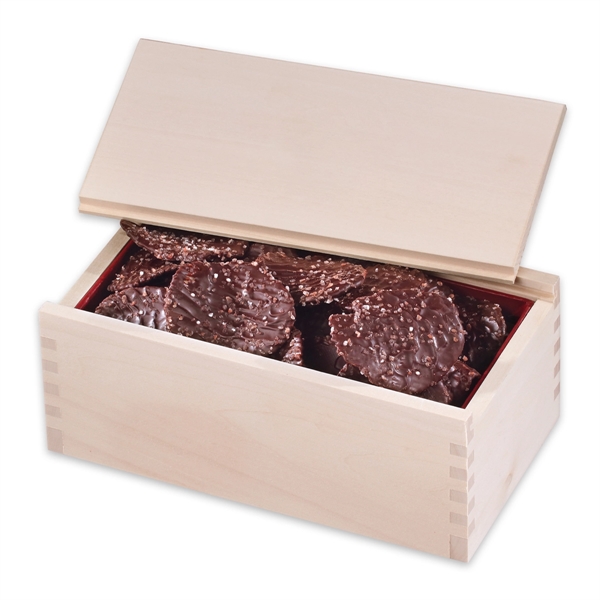 Wooden collector's box filled with chocolate sea salt potato chips.... from ASI 68680 Maple Ridge Farms Inc