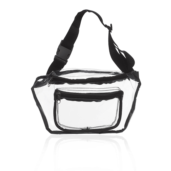 Clear fanny pack with dual zippered compartments, front pocket and straps.... from ASI 39552 BEL Promo
