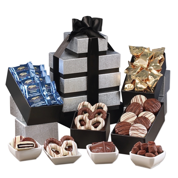 Silver & black tower filled with individually-wrapped chocolates.... from ASI 68680 Maple Ridge Farms Inc