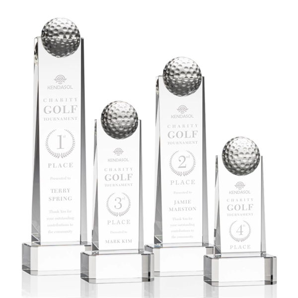 Optical crystal golf tower award topped with a golf ball on... from ASI 84592 St Regis Group / St Regis