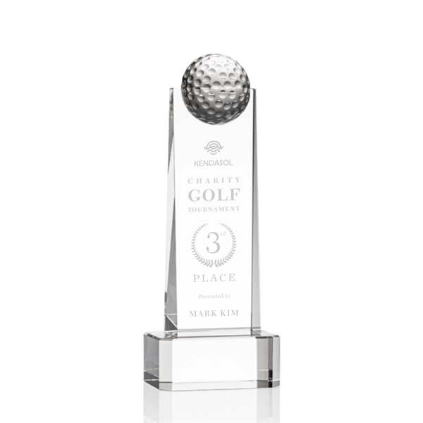 Optical crystal golf tower award topped with a golf ball on... from ASI 84592 St Regis Group / St Regis