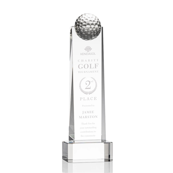 Optical crystal golf tower award topped with a golf ball on... from ASI 84592 St Regis Group / St Regis