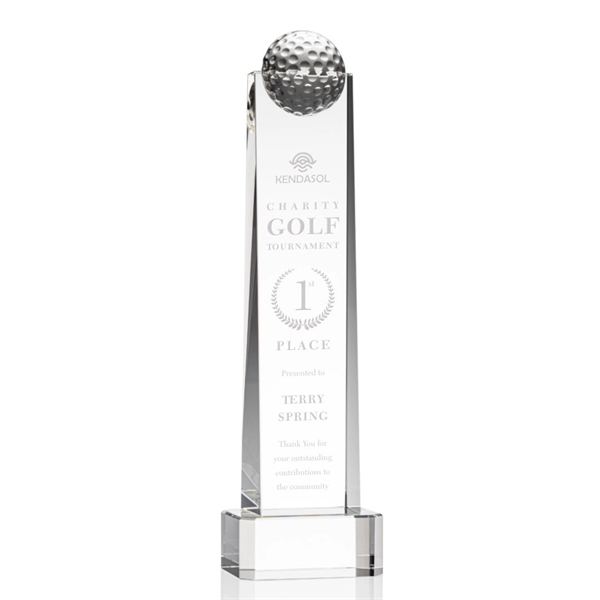 Optical crystal golf tower award topped with a golf ball on... from ASI 84592 St Regis Group / St Regis