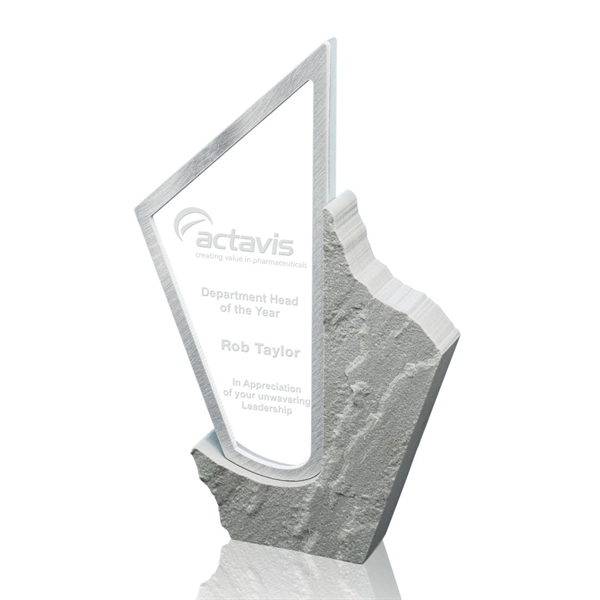 Aqua shaped starfire award on sandstone base, 9" x 5 3/4".... from ASI 84592 St Regis Group / Prestige Glass