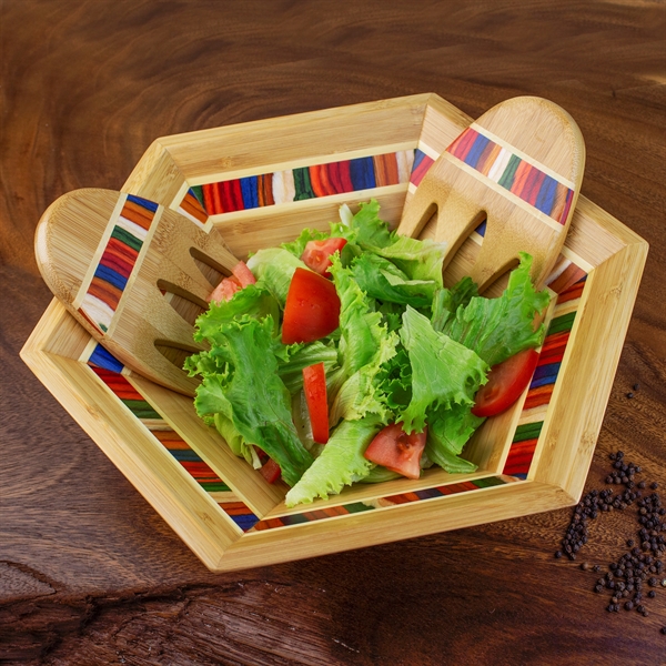 Salad Bowl & Salad Hands Set. Layered birchwood in warm yet... from ASI 91565 Totally Bamboo