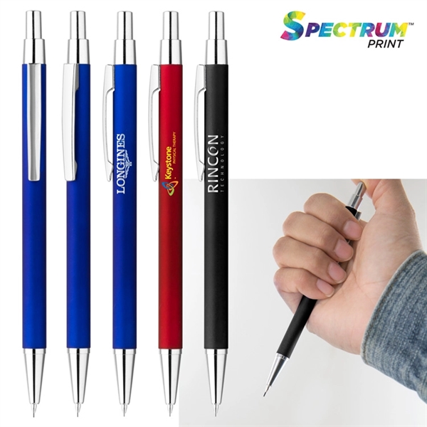 Plunger-action mechanical pencil with a soft-touch coating, silver accents, and a... from ASI 88060 Snugz/USA Inc / Sweda®