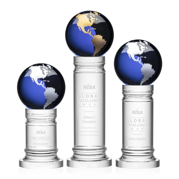 The Colvernstone Globe Award features an exquisite 4" Blue Optical Crystal... from ASI 84592 St Regis Group / St Regis