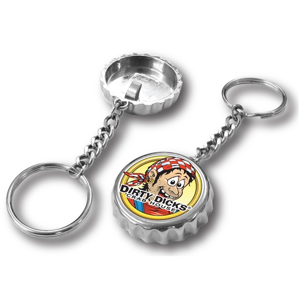 Chrome bottle cap shaped opener with keychain and UV crystal clear... from ASI 63073 Openers.Beer / Openers Plus Hobow Caps and Beverage Tools