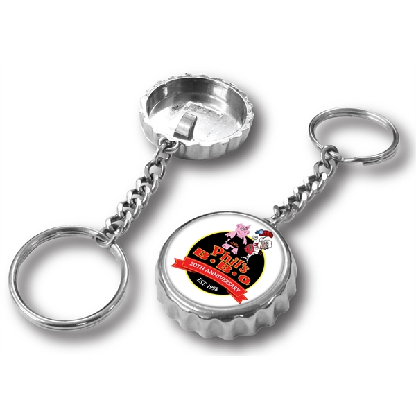 Chrome bottle cap shaped opener with keychain and UV crystal clear... from ASI 63073 Openers.Beer / Openers Plus Hobow Caps and Beverage Tools