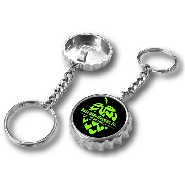 Chrome bottle cap shaped opener with keychain and UV crystal clear... from ASI 63073 Openers.Beer / Openers Plus Hobow Caps and Beverage Tools