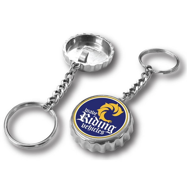 Chrome bottle cap shaped opener with keychain and UV crystal clear... from ASI 63073 Openers.Beer / Openers Plus Hobow Caps and Beverage Tools