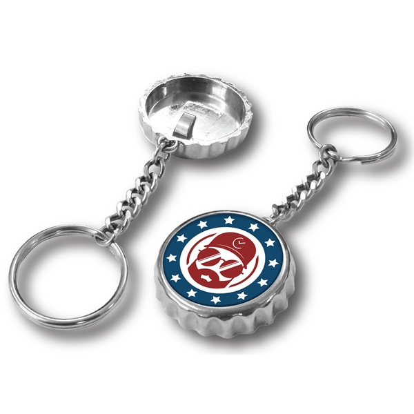 Chrome bottle cap shaped opener with keychain and UV crystal clear... from ASI 63073 Openers.Beer / Openers Plus Hobow Caps and Beverage Tools
