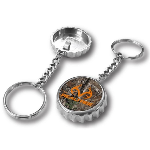 Chrome bottle cap shaped opener with keychain and UV crystal clear... from ASI 63073 Openers.Beer / Openers Plus Hobow Caps and Beverage Tools