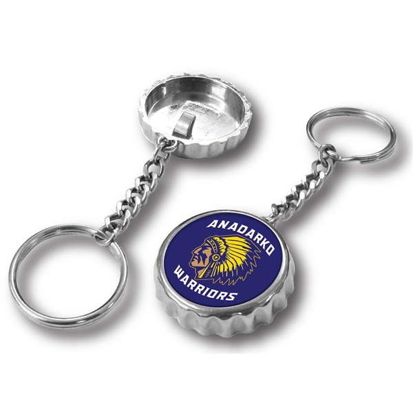 Chrome bottle cap shaped opener with keychain and UV crystal clear... from ASI 63073 Openers.Beer / Openers Plus Hobow Caps and Beverage Tools