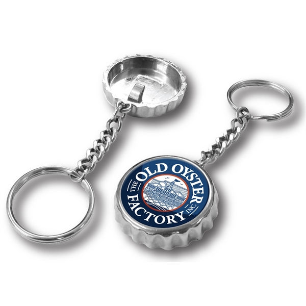 Chrome bottle cap shaped opener with keychain and UV crystal clear... from ASI 63073 Openers.Beer / Openers Plus Hobow Caps and Beverage Tools