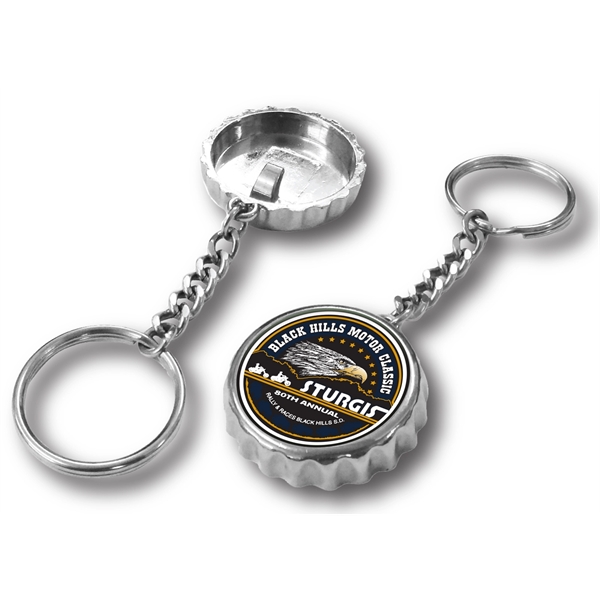 Chrome bottle cap shaped opener with keychain and UV crystal clear... from ASI 63073 Openers.Beer / Openers Plus Hobow Caps and Beverage Tools