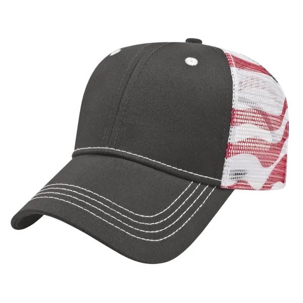 Medium profile six-panel chino twill and mesh cap with American flag... from ASI 43792 Cap America Inc