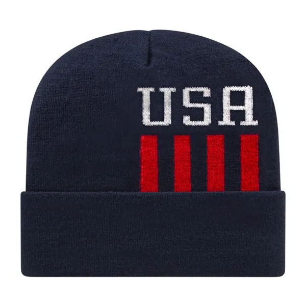Knit acrylic cap with cuff and USA patriotic theme.... from ASI 43792 Cap America Inc