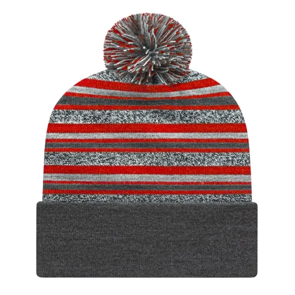 Acrylic knit cap with variegated stripes with solid cuff and pompom... from ASI 43792 Cap America Inc