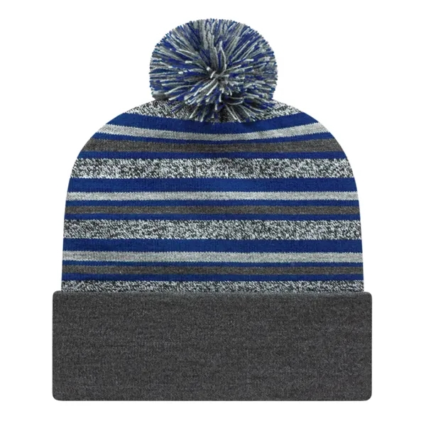 Acrylic knit cap with variegated stripes with solid cuff and pompom... from ASI 43792 Cap America Inc