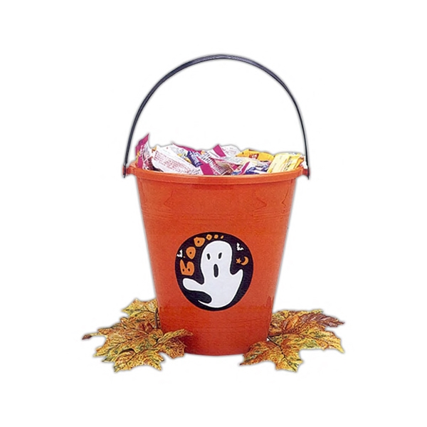 Halloween pail decorated with a Halloween sticker.... from ASI 63549 Jornik Manufacturing Corp