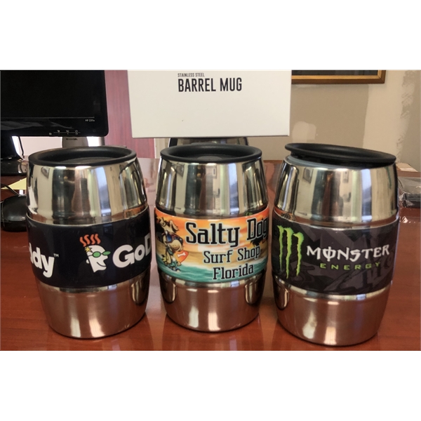 12 oz. double-wall insulated, barrel-shaped mug with travel sipper lid and... from ASI 63073 Openers.Beer / Openers Plus Barrel Mug