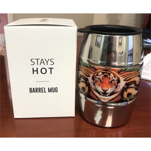 12 oz. double-wall insulated, barrel-shaped mug with travel sipper lid and... from ASI 63073 Openers.Beer / Openers Plus Barrel Mug