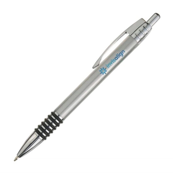 Aluminum click-action ballpoint pen with chrome trim and real rubber grip.... from ASI 84592 St Regis Group