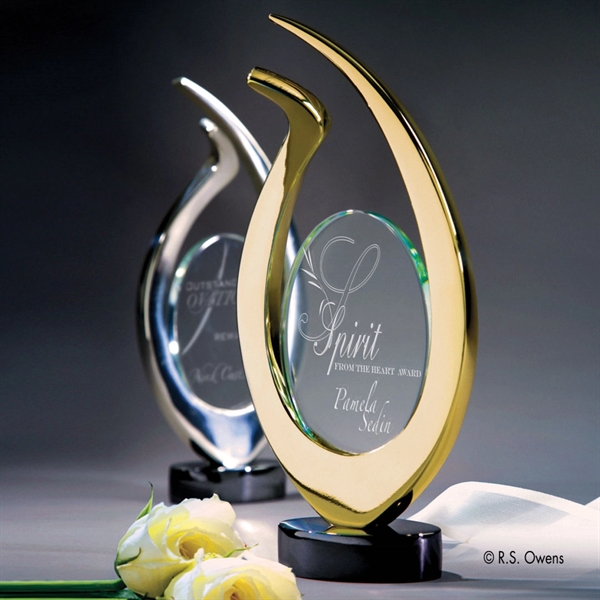 Starfire glass award with upraised arms in celebration of achievement.... from ASI 84592 St Regis Group / R S Owens & Co Inc