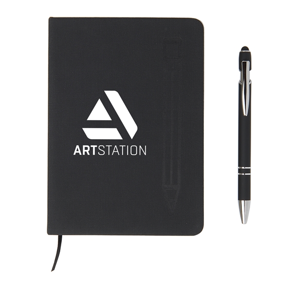 5" x 7" magnetic journal with bookmark and click-action ballpoint stylus... from ASI 52840 Evans Manufacturing
