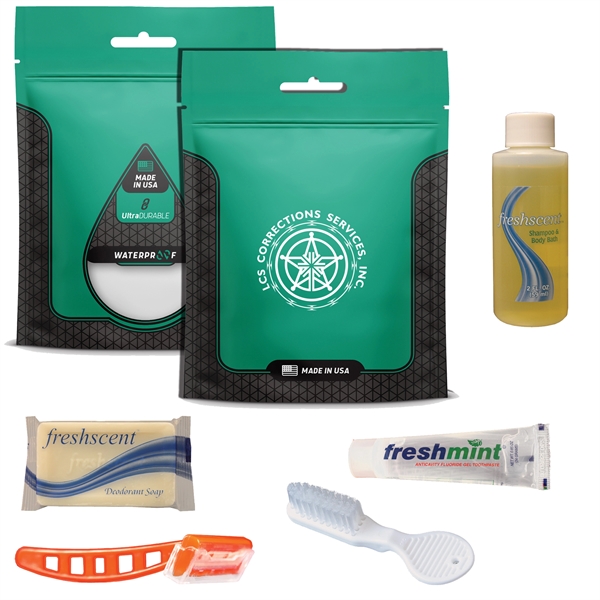 Prison kit with a toothbrush, razor, shampoo, toothpaste, and soap.... from ASI 84514 Safety Made