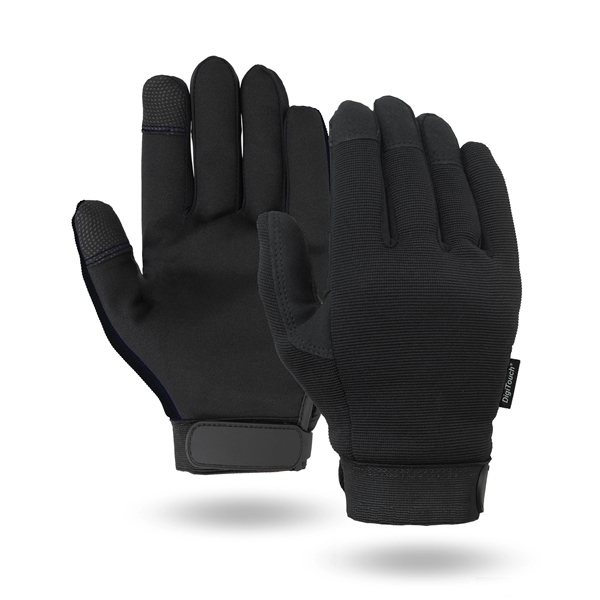 Touchscreen mechanics gloves, black synthetic suede palm, black spandex back.... from ASI 62192 Illinois Glove Co / Honest Abe®