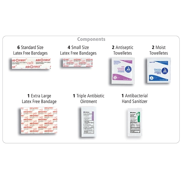 Zippered pouch filled with bandages, antiseptic towelettes, moist towelettes, ointment, hand... from ASI 62660 Innovation Line