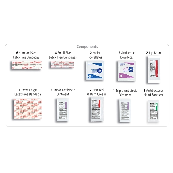 24 piece kit with a zipper pouch, bandages, antiseptic towelettes, moist... from ASI 62660 Innovation Line