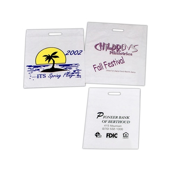 Custom printed plastic white die cut fold over handle bag, 2... from ASI 94180 Vonco Products LLC / Vonco