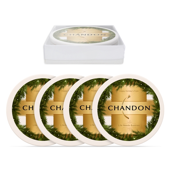 4 round white ceramic stone coasters with non-slip cork back. Great... from ASI 34040 Alexander Mfg Co