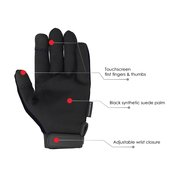 Touchscreen mechanics gloves, black synthetic suede palm, black spandex back.... from ASI 62192 Illinois Glove Co / Honest Abe®