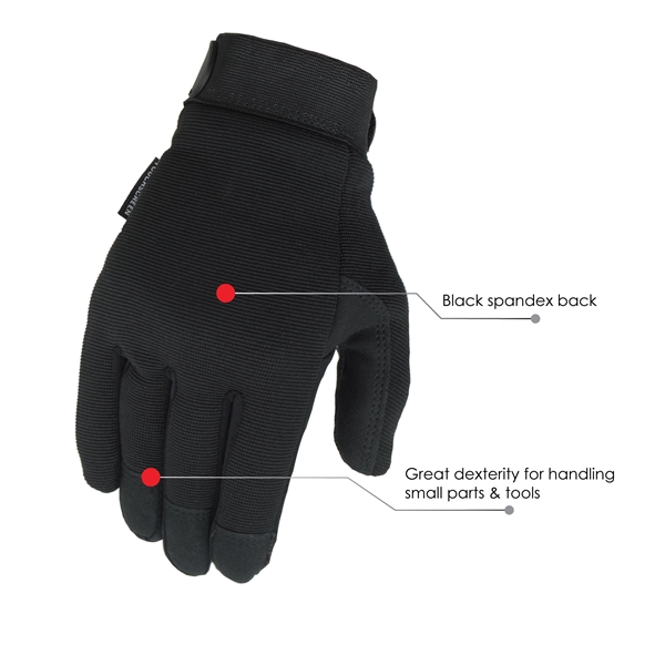Touchscreen mechanics gloves, black synthetic suede palm, black spandex back.... from ASI 62192 Illinois Glove Co / Honest Abe®
