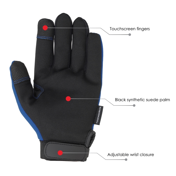 Mechanics gloves, black synthetic suede palm, blue spandex back.... from ASI 62192 Illinois Glove Co / Honest Abe®