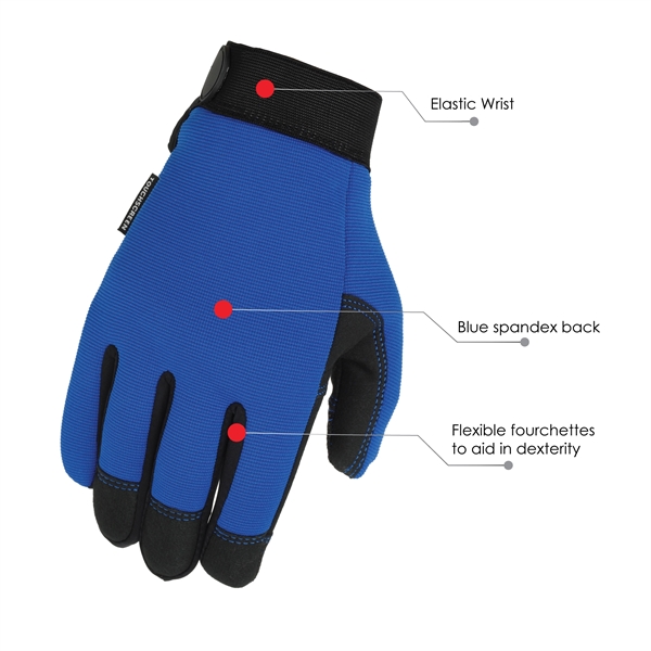 Mechanics gloves, black synthetic suede palm, blue spandex back.... from ASI 62192 Illinois Glove Co / Honest Abe®