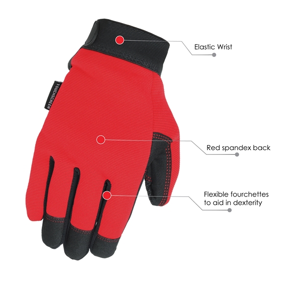 Mechanics gloves, black synthetic suede palm, red spandex back.... from ASI 62192 Illinois Glove Co / Honest Abe®