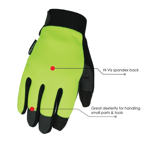Touchscreen mechanics gloves, black synthetic suede palm, Hi-Viz spandex back.... from ASI 62192 Illinois Glove Co / Honest Abe®