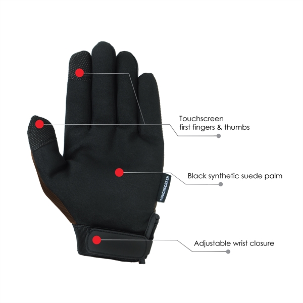Touchscreen mechanics gloves, black synthetic suede palm, brown spandex back.... from ASI 62192 Illinois Glove Co / Honest Abe®