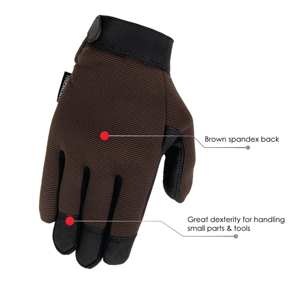 Touchscreen mechanics gloves, black synthetic suede palm, brown spandex back.... from ASI 62192 Illinois Glove Co / Honest Abe®