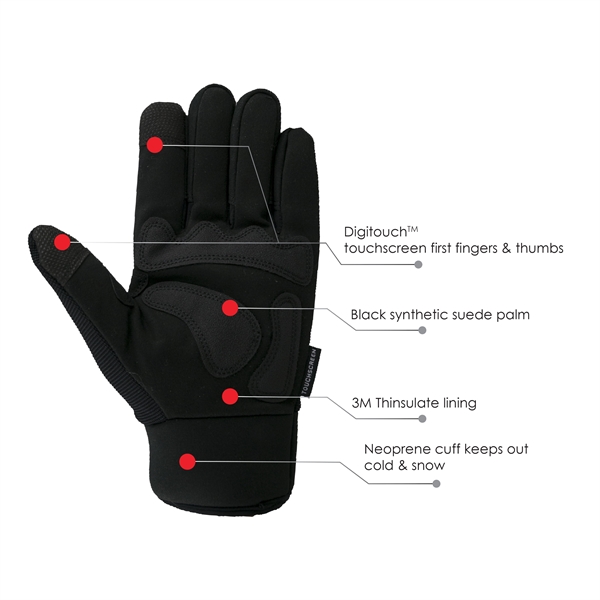 Touchscreen Waterproof Winter Mechanics gloves, black synthetic suede palm, black spandex... from ASI 62192 Illinois Glove Co / Honest Abe®