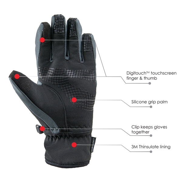 Touchscreen Hi-Tech winter gloves, resists water & wind, black with gray... from ASI 62192 Illinois Glove Co / Honest Abe®