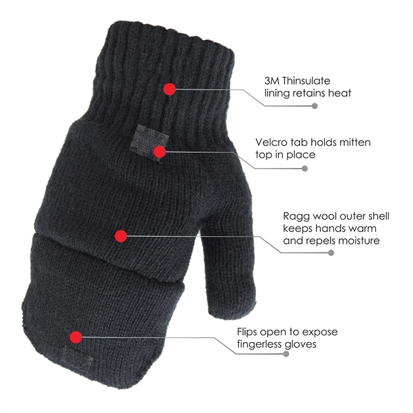Glomitt- glove & mitten, ragg wool shell with 3M Thinsulate lining... from ASI 62192 Illinois Glove Co / Honest Abe®