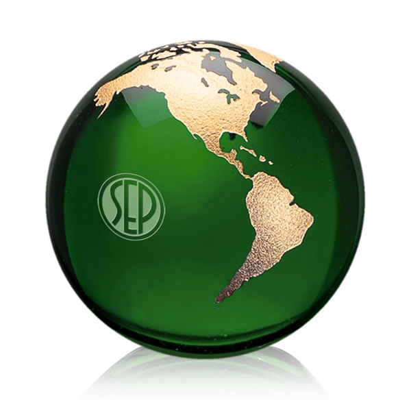Optical crystal emerald globe award with etched continents.... from ASI 84592 St Regis Group / St Regis